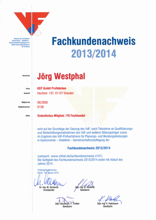 grosskuechenplanung kep profikuechen VDF Fachkundenachweis 2013/2014